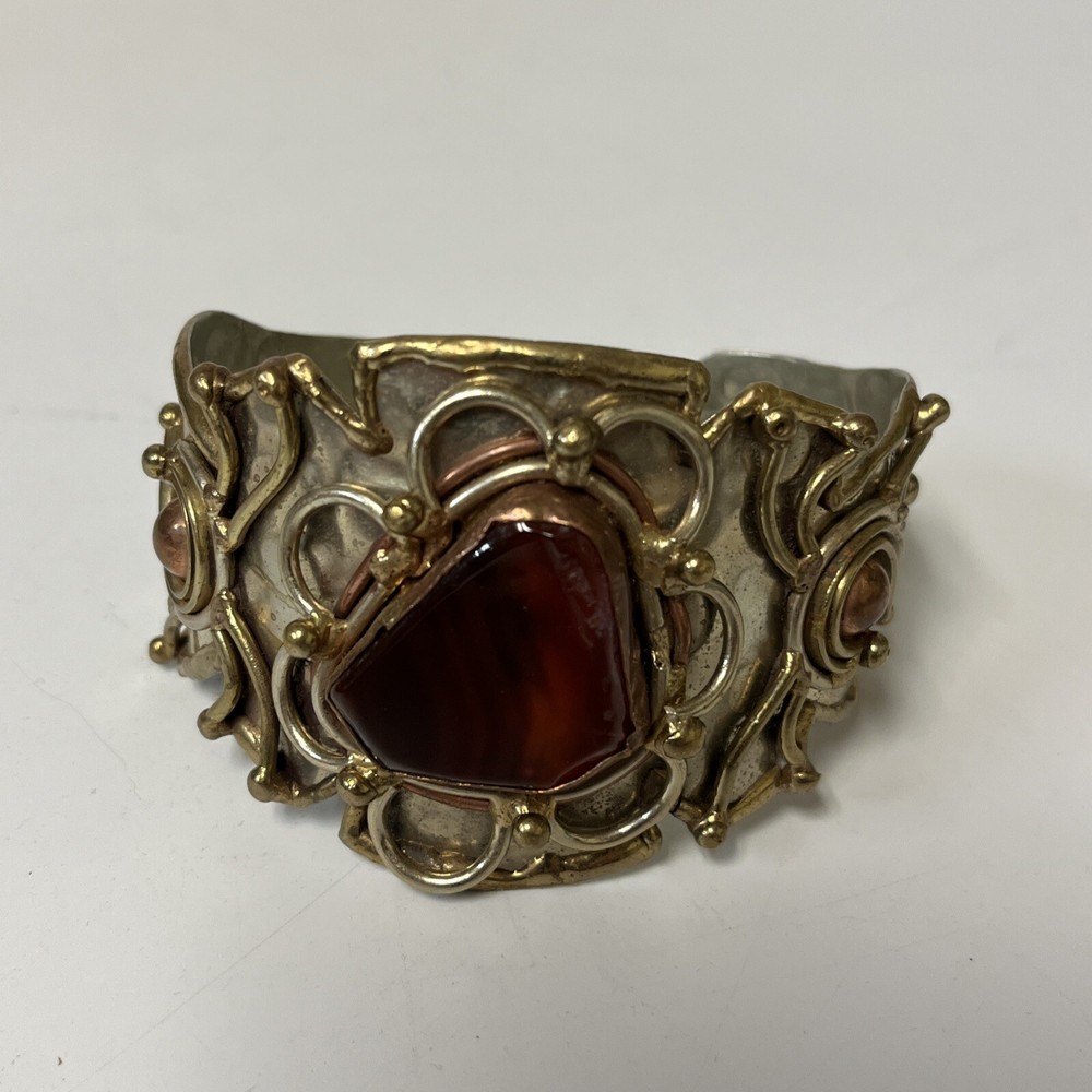 Vtg Mixed Metals Silver Tone Brass Copper Natural Stone Brutalist Cuff Bracelet