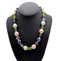 Colorful Glass & Faux Pearl Style Multi Color Shape Bead Vintage Necklace 21 In