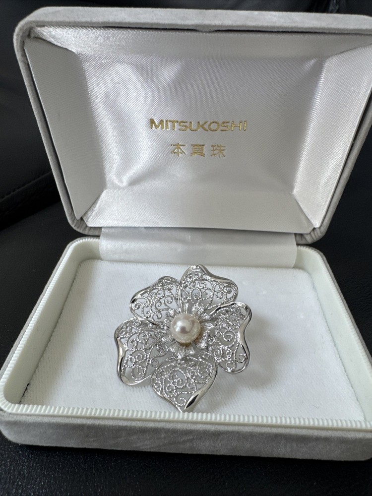 Vintage Mitsukoshi Brooch/Pendant Cultured Pearl Orig Velvet Box Japan