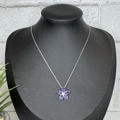 Vintage Y2K 925 Sterling Silver Amethyst Clear Crystal Flower Pendant Necklace