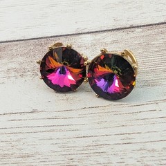 Vintage Clip On Earrings – Rainbow Tone Gem 0.5″ – Clip Repair Needed