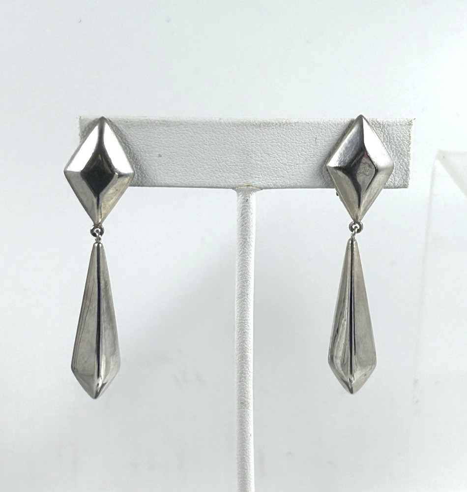 Vintage 925 Sterling Silver Polished Geometric Drop Dangle Clip Earrings 2 1/4″