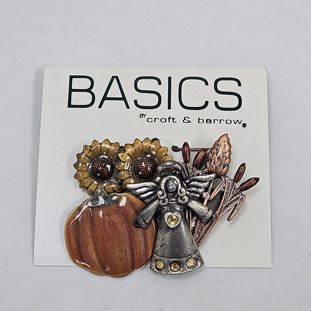 Estate KC Signed Orange & Yellow Enamel Pumpkin Sunflowers Wheat Harvest Angel