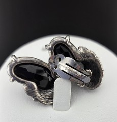 Vintage Signed Schiaparelli Black Glass Leaf Clip-On Earrings Rhodium Plated