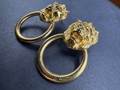 Vintage Gold Tone Lion Head Door Knocker Hoop Stud Dangle Drop Earrings