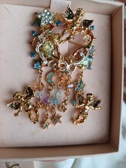 VINTAGE KIRKS FOLLY ANGEL CHERUB FAIRY MOON STARS ENAMEL CRYSTAL CHARM PIN SET
