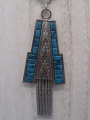 Whiting And Davis Vtg 1970s Necklace Art Deco Faux Turquoise Pendant Silver Tone