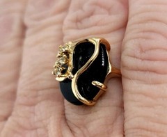 Vtg Sz 7 Ring Genuine Black Oval Onyx Rhinestones Fashion Jewelry 18KGE Sty#5