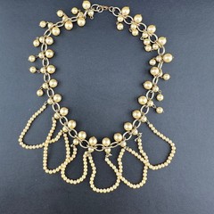 Vintage Faux Pearl Fringe Chain Necklace Gold Tone Beaded Dangle Charm Old Clasp