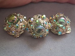 Hollycraft 1950s demi-parure green cab & AB clip on earrings & adjustable ring