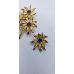 Vintage 18K Gold Plated Flower Brooch Earrings Set Blue Rhinestone Floral