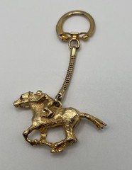 Vintage Edlee Gold Tone Heavy Metal Jockey And Horse Rhinestone Eyes Keychain