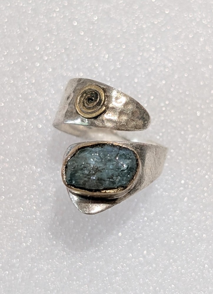 Hammered Sterling Silver Brass Genuine Raw Aquamarine Split Shank Wrap Ring YS