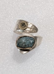 Hammered Sterling Silver Brass Genuine Raw Aquamarine Split Shank Wrap Ring YS
