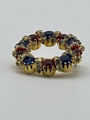 Wreath Circle Ruby Red, Blue & Rhinestone Gold Tone Brooch