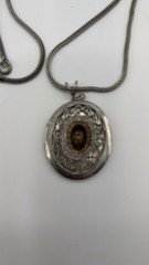 Vintage Silver Tone Filigree Oval Locket – Chain hangs 12″