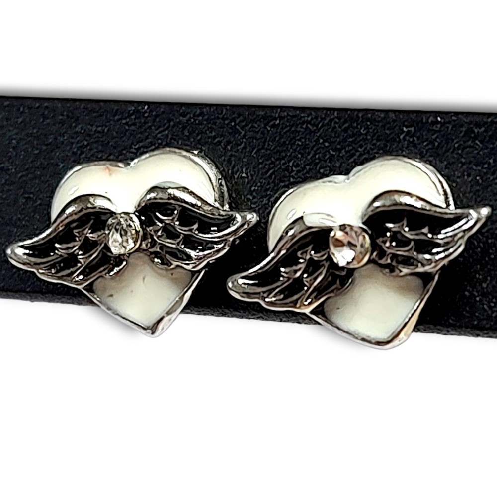 Black White Enamel Rhinestones Silver Tone Hearts Angel Wings Everyday Earrings