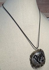 Beautiful Vintage Brassy & Silvertone Oval Pray Pendant On Cord Necklace