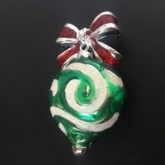 DANECRAFT Christmas Ornament Pin Silver Tone Red & Green Enamel Sparkles