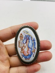 Vintage Silver Tone Russian Finift Hand Painted Porcelain The Snow Maiden Brooch