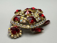 Brooch Turtle Figural Red Rivoli & Clear AB Rhinestone Large 2.25″ Vintage 1960s