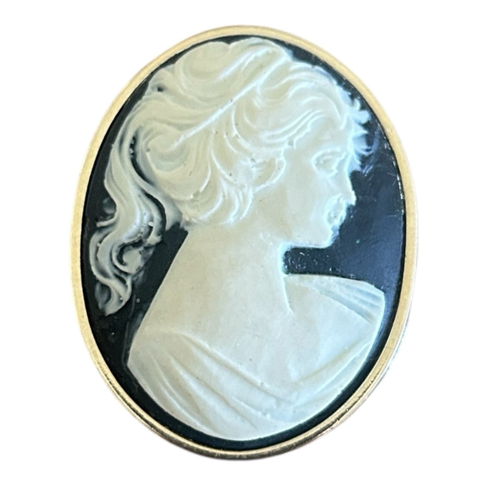 Black White Cameo Brooch Pin Gold Tone Bezel Lady Portrait Classic Style