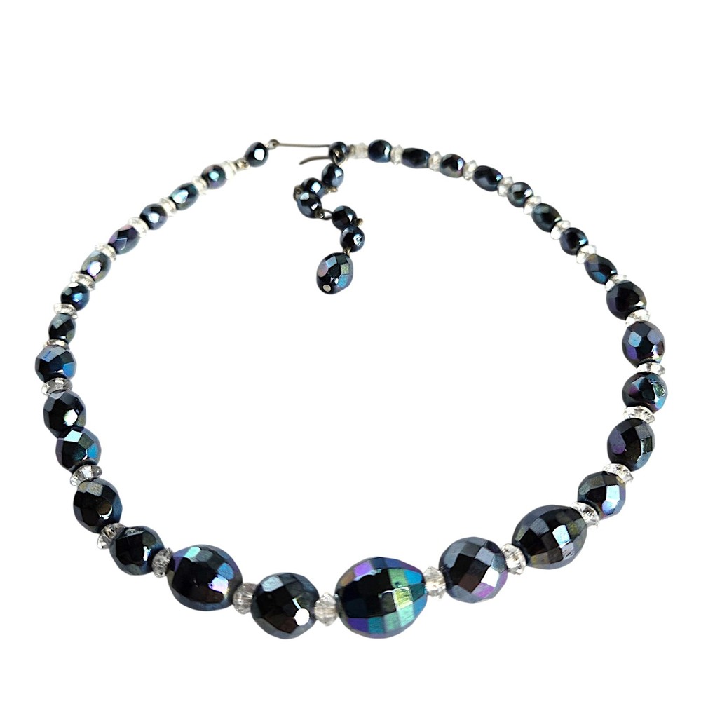 Vintage West Germany AB Crystal Glass Bead Necklace Peacock Iridescent Choker