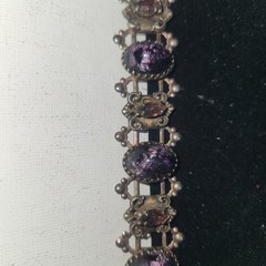 Vintage Purple Cabochon Ornate Link Bracelet Silver Tone Victorian Style 6.25 in