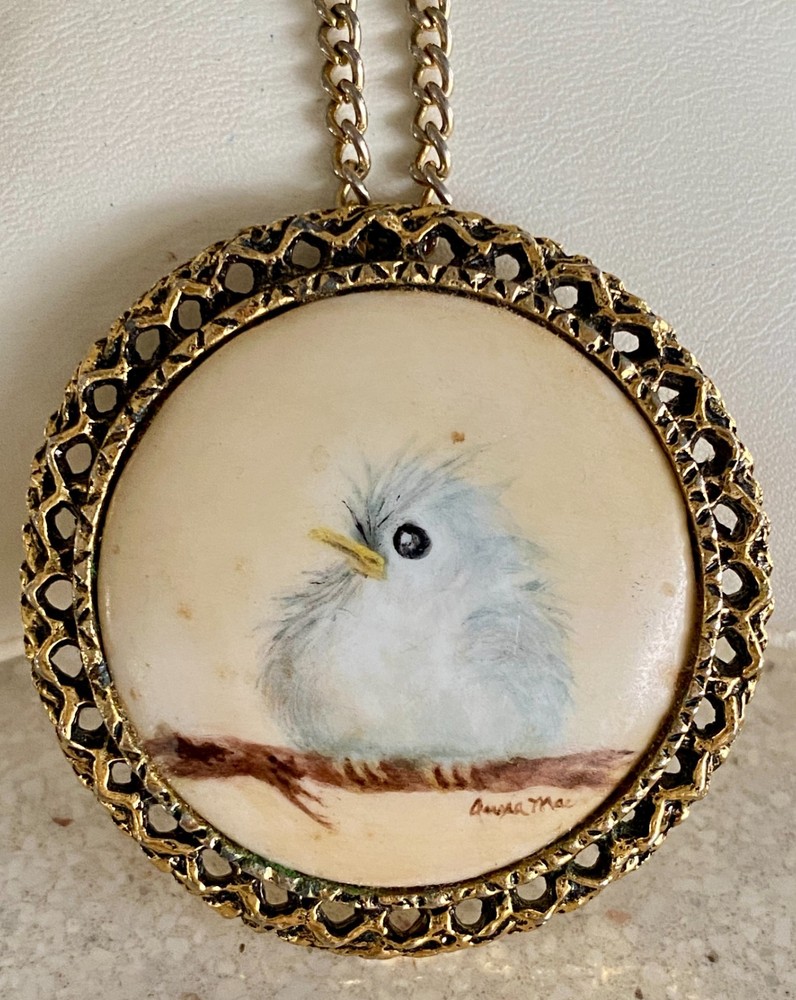 Vtg Hand Painted Porcelain Bird Brooch Pendant Necklace Ornate Signed Anna Mae