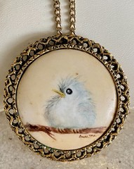 Vtg Hand Painted Porcelain Bird Brooch Pendant Necklace Ornate Signed Anna Mae