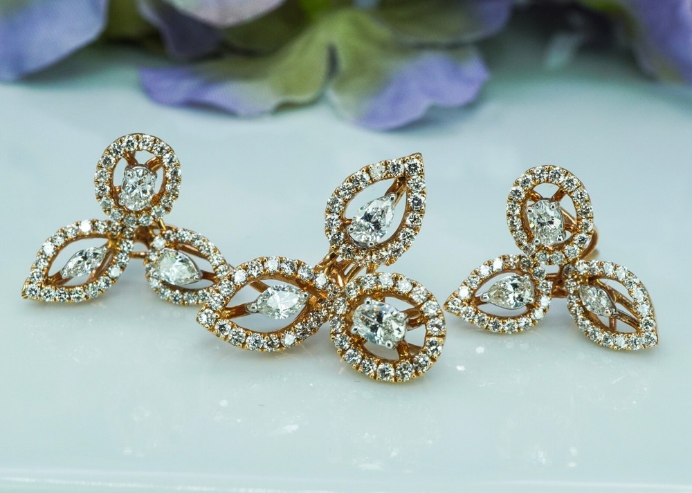 Vintage Marquise Oval Pear Diamond Earrings Pendant Set 18K Rose Gold Designer