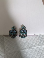 Signed Kirks Folly Blue Rhinestone Floral Chandelier Clip On Earrings Vintage
