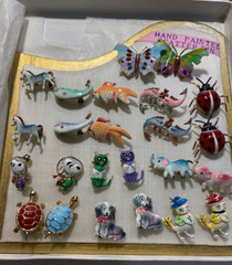 Vintage Hand painted Scatter Pins -cats-retro birds- snoopy-kissing fish