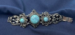 Vintage Silver Tone Filigree and Faux Turquoise Bracelet Lucite, 1950-1970’s.