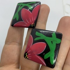 VTG 80s RESIN PINK FLOWER BLACK BIG SQUARE EARRINGS CLIP-ON STATEMENT