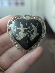 Vintage Siam Sterling Heart Black Niello Brooch Pin Lightning Goddess Love Art