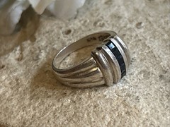 40.Vintage Signed J.B.N.I 925 Sterling Lab Blue Sapphire Ribbed Ring 8.75s, 5.7g
