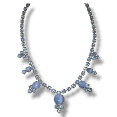 1950s Blue Moonstone Rhinestone Necklace Silver Tone 15in Vintage Unsigned