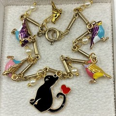 Poor Kitty Cat: Surrounded by Bird Charms On Vintage Chain Bracelet OOAK