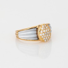 80s Portuguese Ring Diamond Fluted Mother of Pearl 19k Yellow Gold Jewelry 6.5