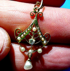 Original EARTH MINED DIAMOND Pearl ART Deco Pendant Medallion Necklaces 14K GOLD