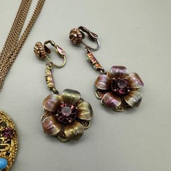 Vintage Purple Jewelry Set 3 Piece Floral Pendant Clip-On Earrings Set Blue Bead