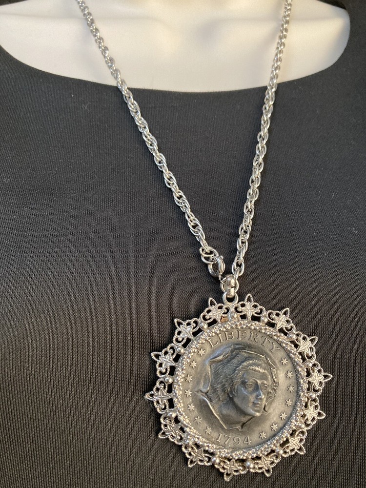 VTG Liberty 1794 Art Deco fashion Coin pendant ‘necklace Silver Tone 22”