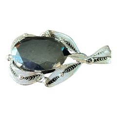 Vintage Sterling Sorrento Silver Hematite Stone Filigree Drop Pendant 2″ L ong