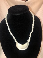 Vintage Mother of Pearl Crescent Moon Pendant Necklace White Heishi Shell Beads