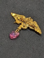 Vintage Signed Cherub Angel Brooch Pink Crystal Heart Dangle Gold Tone Pin 2.5″