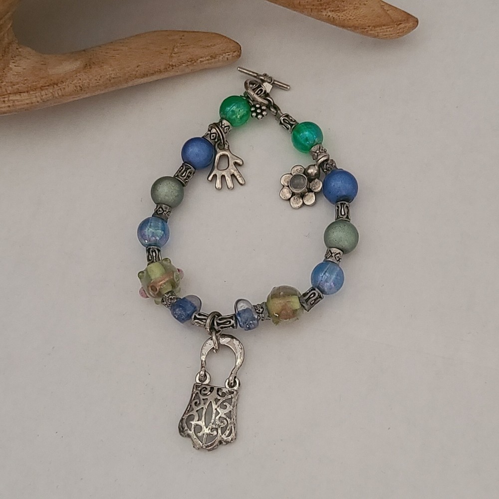 VINTAGE STERLING SILVER LOCK HAND FLOWER GEMSTONES BRACELET FITS 6.25IN 925
