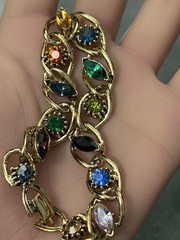 Vintage Rhinestone Bracelet Multi Color Blue Green Purple Gold Tone 7”