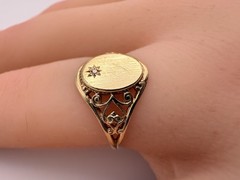 Antique 10K Yellow Gold Signet Ring With Diamond In Sun, Size 5.5 PSCO Filigree