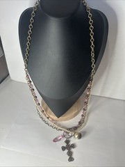 Vintage Y2K Bronze Layered Faux Pearl Pink Crystal Cross Charm Necklace Boho 36″